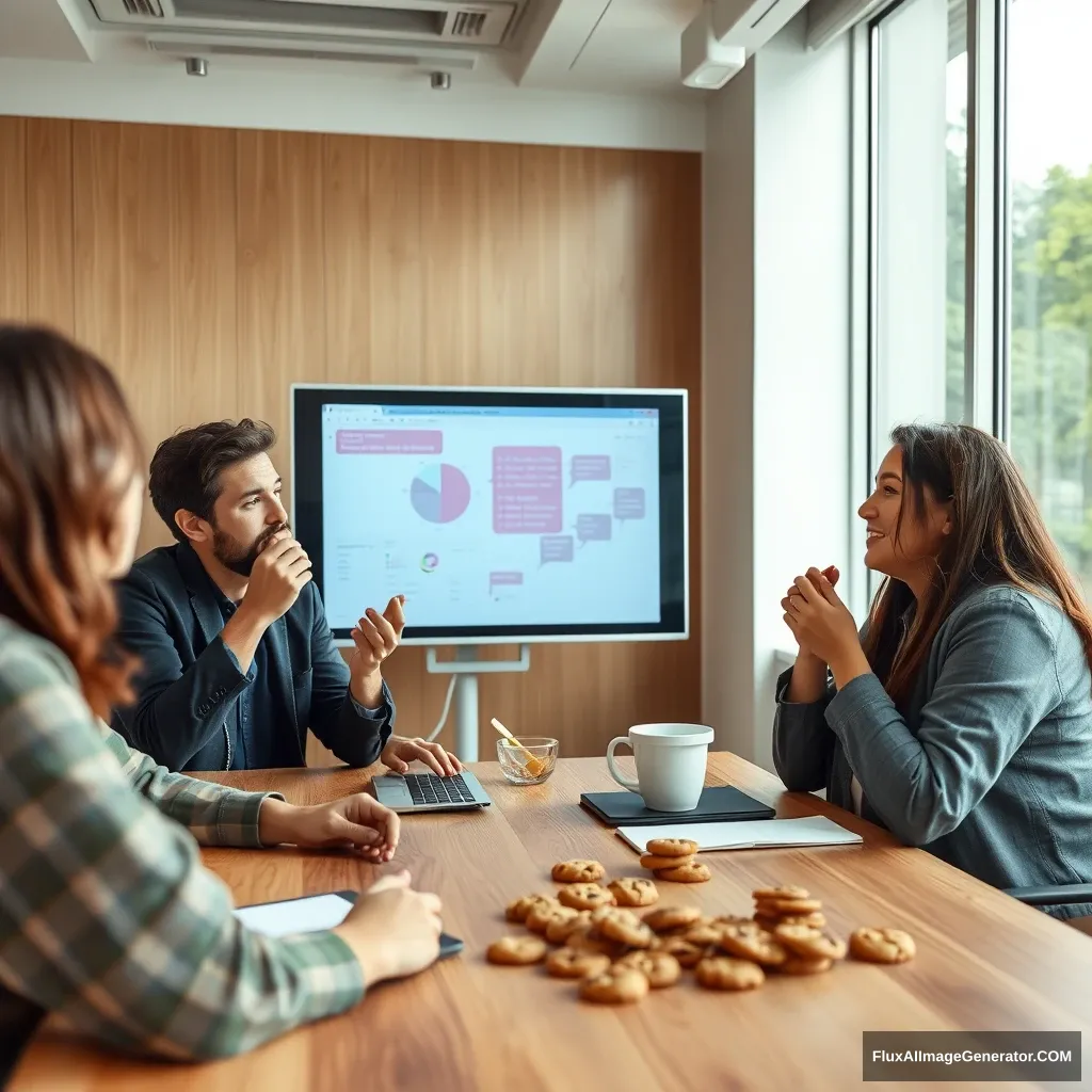 "Please describe the scene of tech startup team members having a presentation meeting while eating cookies." - Image