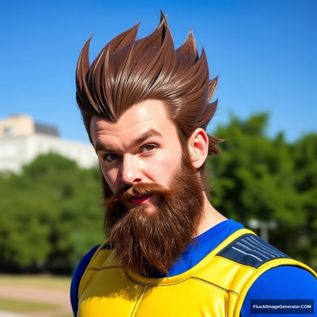 Long Brown Haired and Bearded Guy cosplaying as Vegeta - Image