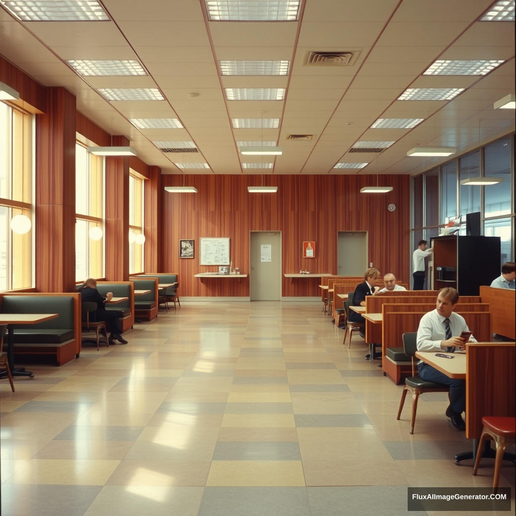 interior, company cafeteria, modern, wood panel, movie scene, colorful, 90s