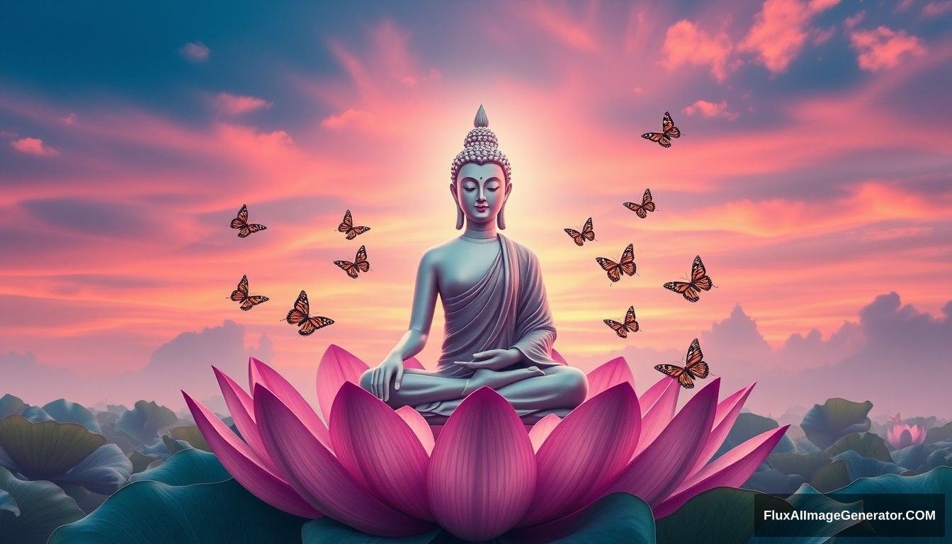 A peaceful meditating Avalokitesvara Bodhisattva sitting in the lotus, the butterflies are flying around the lotus, under the blue and magenta-toned sunset cloud.