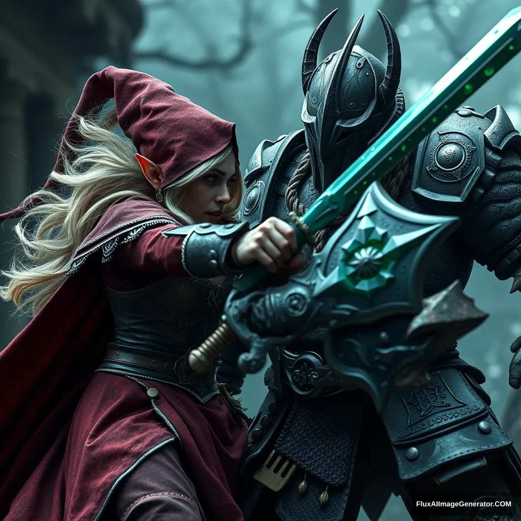 A girl elf wizard (Scarlett Ingrid Johansson) is attacking an orc knight, Warhammer 4000 style, hyper-realistic photo, 8K, Unreal Engine. - Image