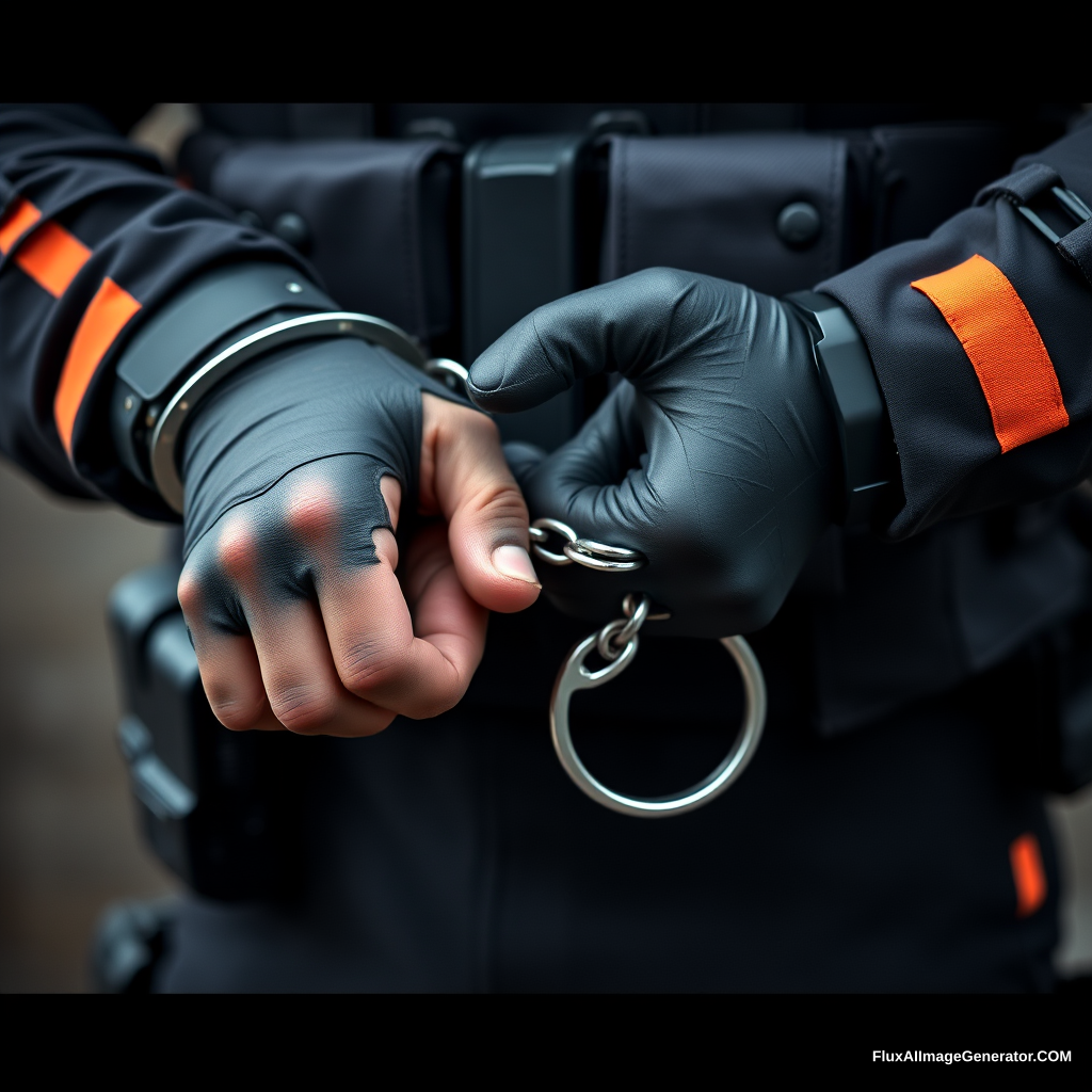 A soldier in black and orange gear is placed in steel handcuffs, shot of hands in handcuffs.