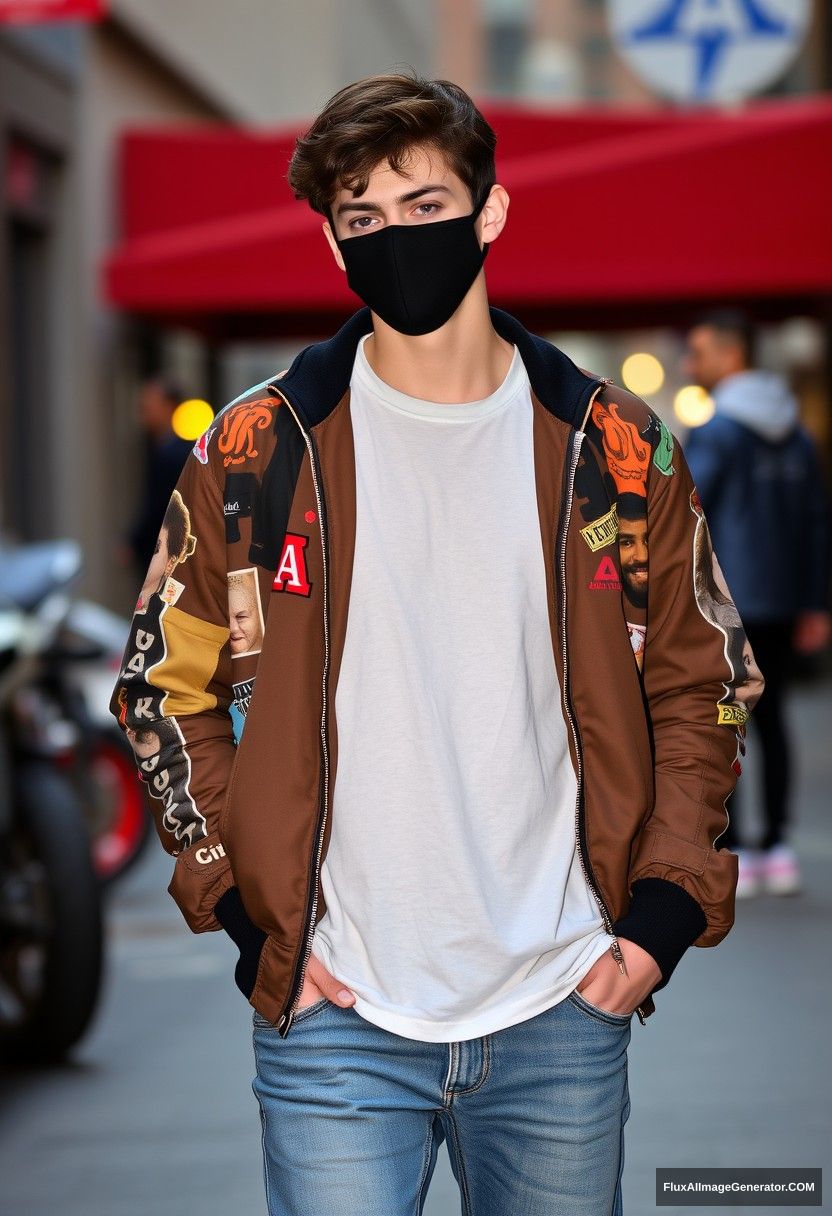 Jamie Dornan, young, black face mask, capital A collage jacket, jeans, red sneakers, hyper-realistic, street photography, full photography.