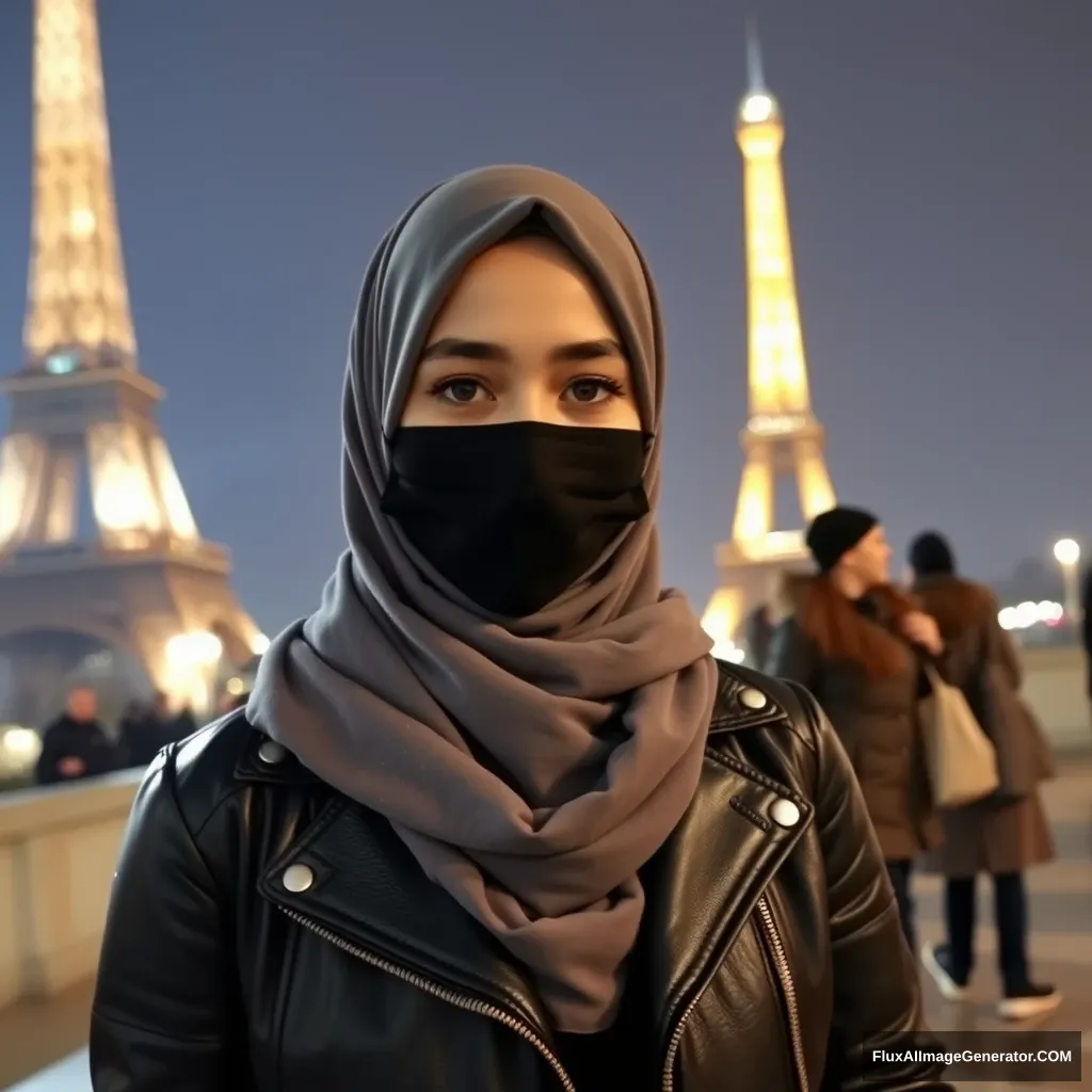 Biggest grey hijab Muslim girl, beautiful eyes, black face mask, leather jacket, biggest longest skirt, standing near the Eiffel Tower, night scenery, strangers in the background.