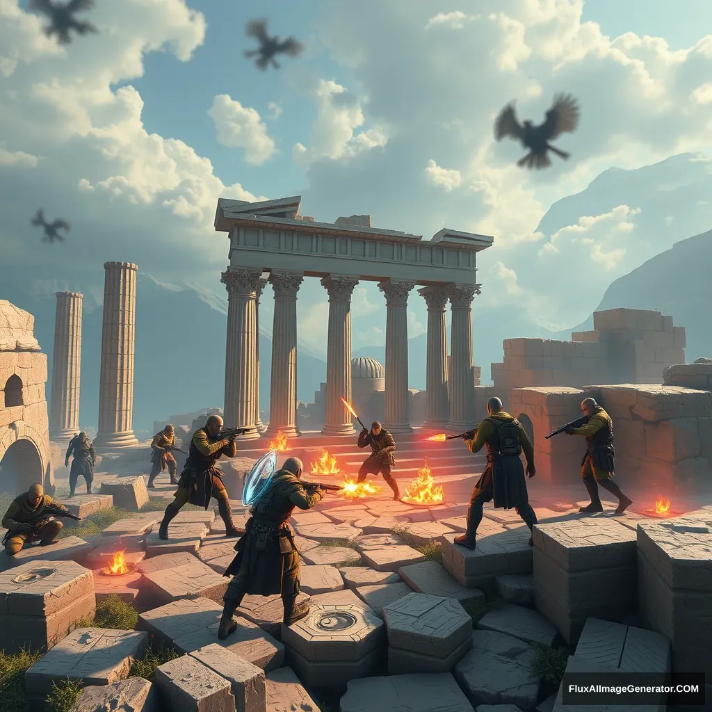 "MAKE SOMETHING COOL THAT LOOKS LIKE A VIDEO GAME. IT'S A 6V6 GAME AND YOU SHOW SOME OF THE PLAYERS ATTACKING, SOMETHING LIKE PALADINS OR OVERWATCH. SHOW COOL ABILITIES, AND FROM A HIGH VIEWPOINT. THE MAP SHOULD BE COOL AND LIKE A GREEK RUIN." - Image