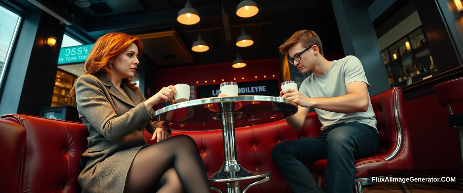 Cinematic Style. A woman and a man are sitting at a table in a bar, having a coffee. The woman is in her 40s, has red hair, her mouth closed, and is wearing business attire, black pantyhose, and open-toe high heels. She looks at the man with superiority. The man is a 20-year-old, wearing glasses, jeans, and a T-shirt. The shot is from the side, at a distance, so all their figures are visible. The woman is looking at the man while he is looking down at the table. The table has one leg in the middle, metallic. The woman and man are sitting on opposite sides, facing each other. Cinematic. Worm eye view. - Image