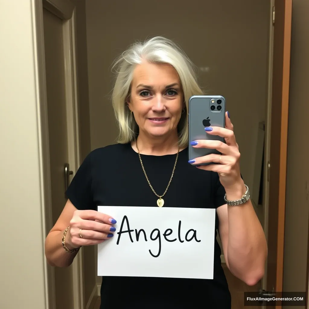 A mirror selfie of a white woman (39 years old) holding a sign with her name "Angela" while holding an iPhone. - Image