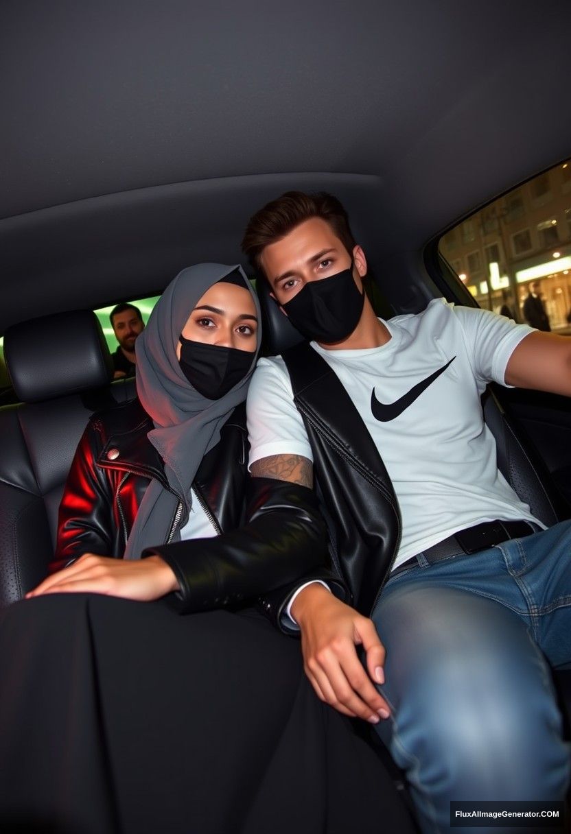 Jamie Dornan, tall, young, black face mask, white Nike T-shirt, jeans, 

dating romantically with a grey hijab Muslim girl, beautiful eyes, black face mask, leather jacket, very long and big skirt, not a tall girl, 

sitting romantically in a car together, leaning on shoulder, in town, strangers in the background, photorealistic, selfie photos, night scenery, aurora borealis.