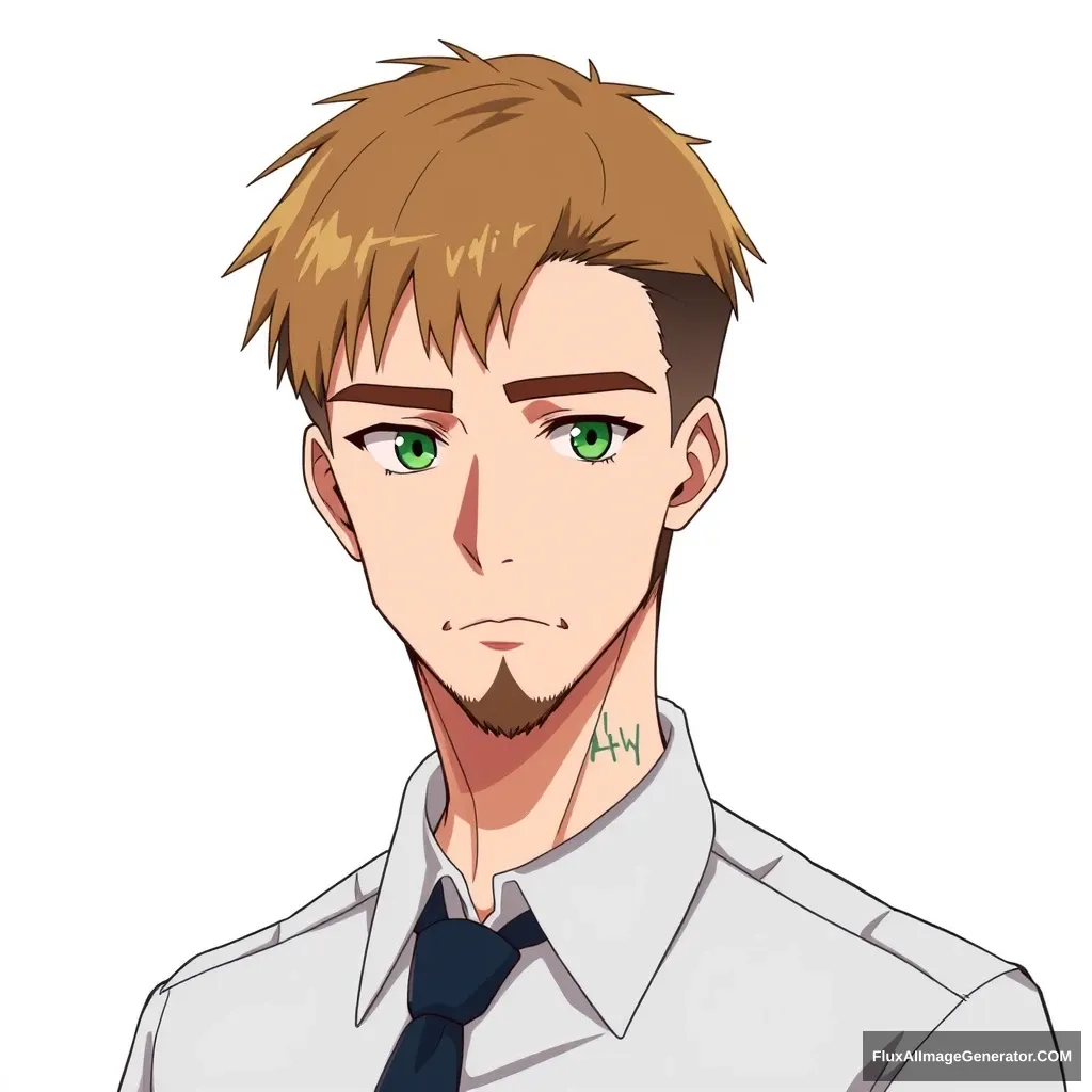 solo, looking at viewer, short hair, brown hair, 1 boy, white background, green eyes, male focus, necktie, uniform, military, military uniform, facial hair, thick eyebrows, portrait, bara, beard, sideburns, mature male, American appearance, tattoo on the neck. anime Real style - Image