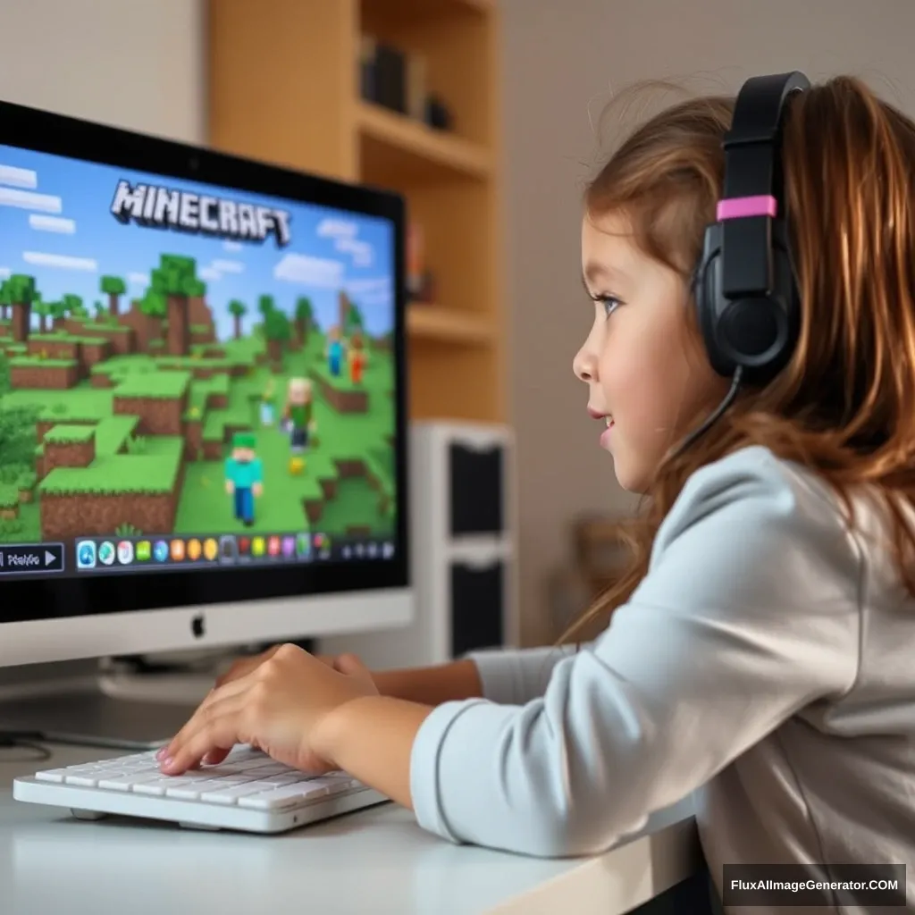 A little girl is playing Minecraft game on the computer screen. - Image