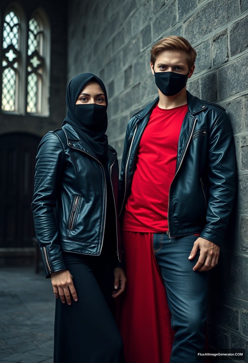 A biggest black hijab girl, beautiful eyes, face mask black, black leather jacket, biggest red longest dress, not tall, leaning at him,

Jamie Dornan, handsome, face mask black, fit and tough body, Nike red t-shirt, black leather jacket, jeans, tall man, leaning against the wall

Hyper realistic, photorealistic, studio photography, Victoria's abandoned castle, gloomy.