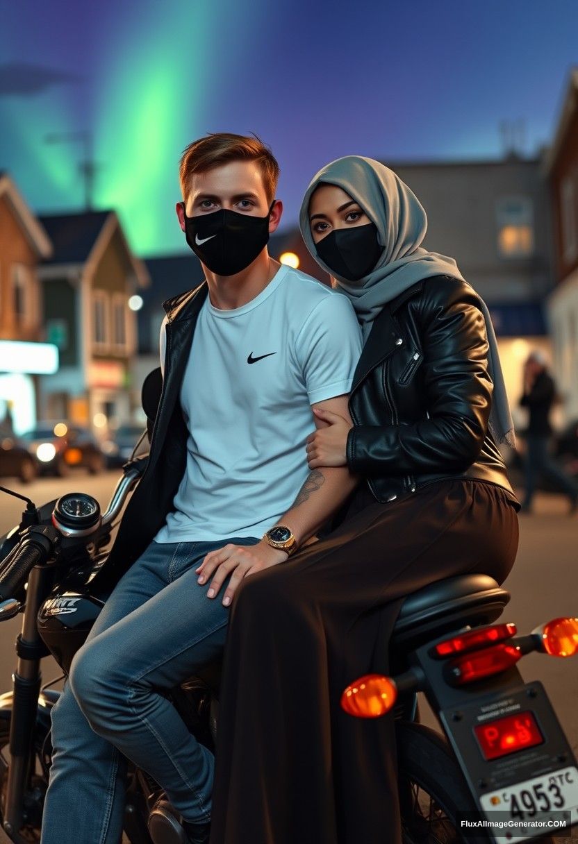 Jamie Dornan, tall and young, wearing a black face mask, a white Nike t-shirt, and jeans, is dating a beautiful Muslim girl in a grey hijab with striking eyes, who is also wearing a black face mask, a leather jacket, and the longest, biggest skirt, not a tall girl. They are sitting together on a motorbike for photography in the town, captured in photorealistic street photography during the night, with an aurora borealis in the background.