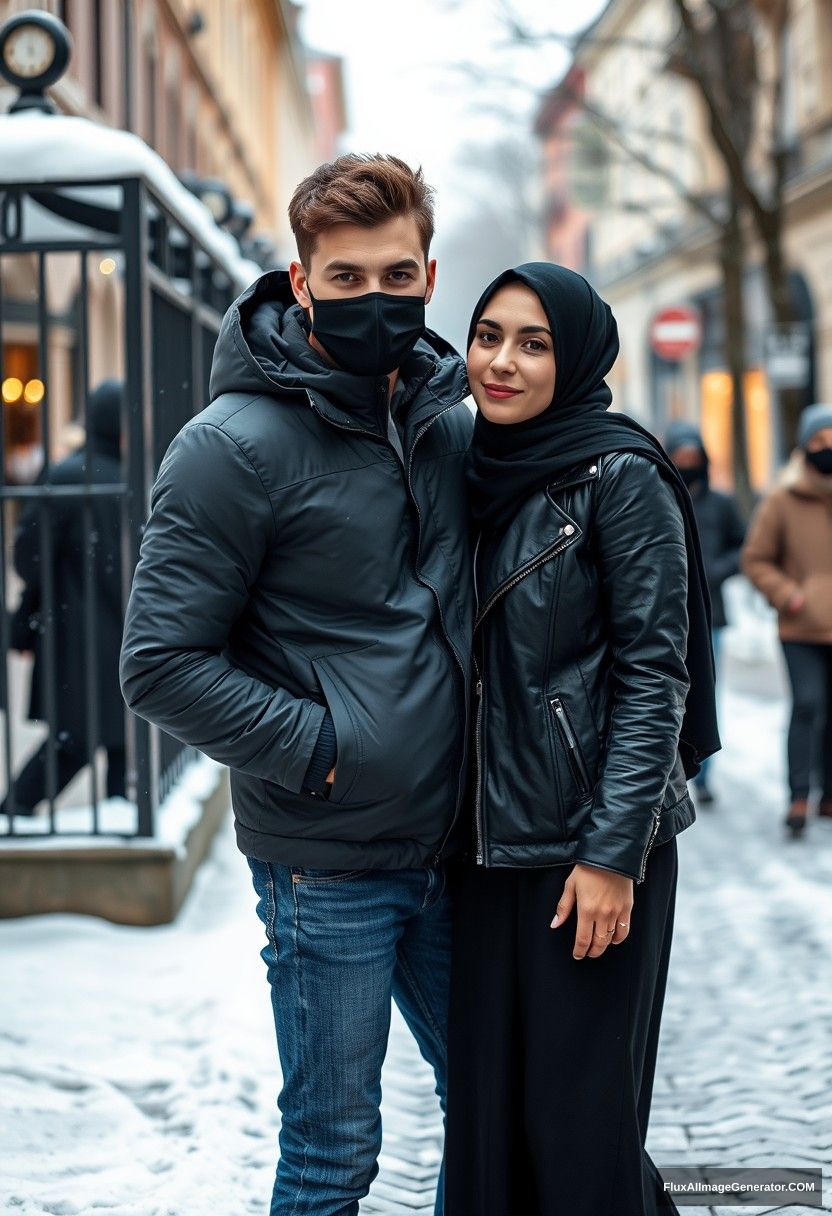 Jamie Dornan, handsome, young, wearing a black face mask, snow jacket, jeans, dating a beautiful Muslim girl in a black hijab with beautiful eyes, also wearing a black face mask and a black leather jacket, in a winter scenery, standing together near a wall in town, pinching each other's cheeks, photorealistic, street photography. - Image