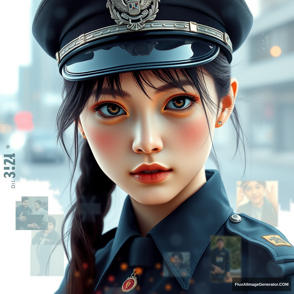 Young beautiful girl, policewoman, ultra detailed, official art, Unity 2K wallpaper, double exposure, (layered imagery): 1.2, blended visuals, overlapping compositions, dreamlike illusions, poetic narratives.