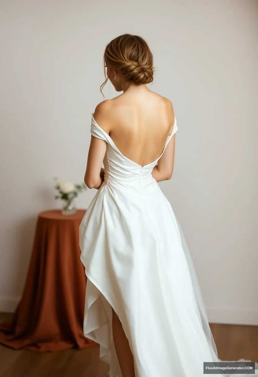 a short young woman, sensitive, delicate, off-shoulder backless strapless side-less low-waisted open-back contouring wedding dress that's starting to come undone, in front of elder patriarchy, expectations, perfect posture.