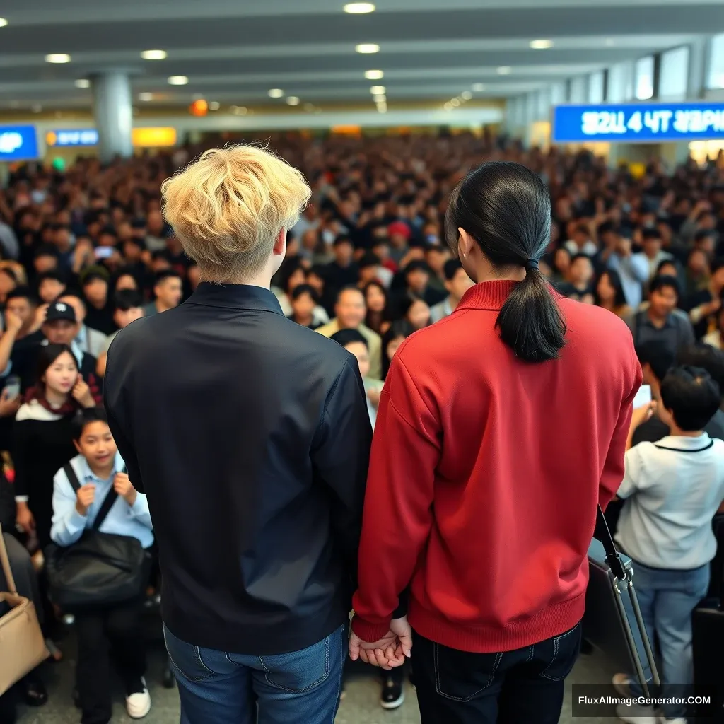 A man with curled, blonde ear-length hair and a man with low pony-tailed ebony hair are holding hands in front of a huge crowd of fans at the airport, showing their backs. Both are in K-pop idol style, and the blonde man is taller.