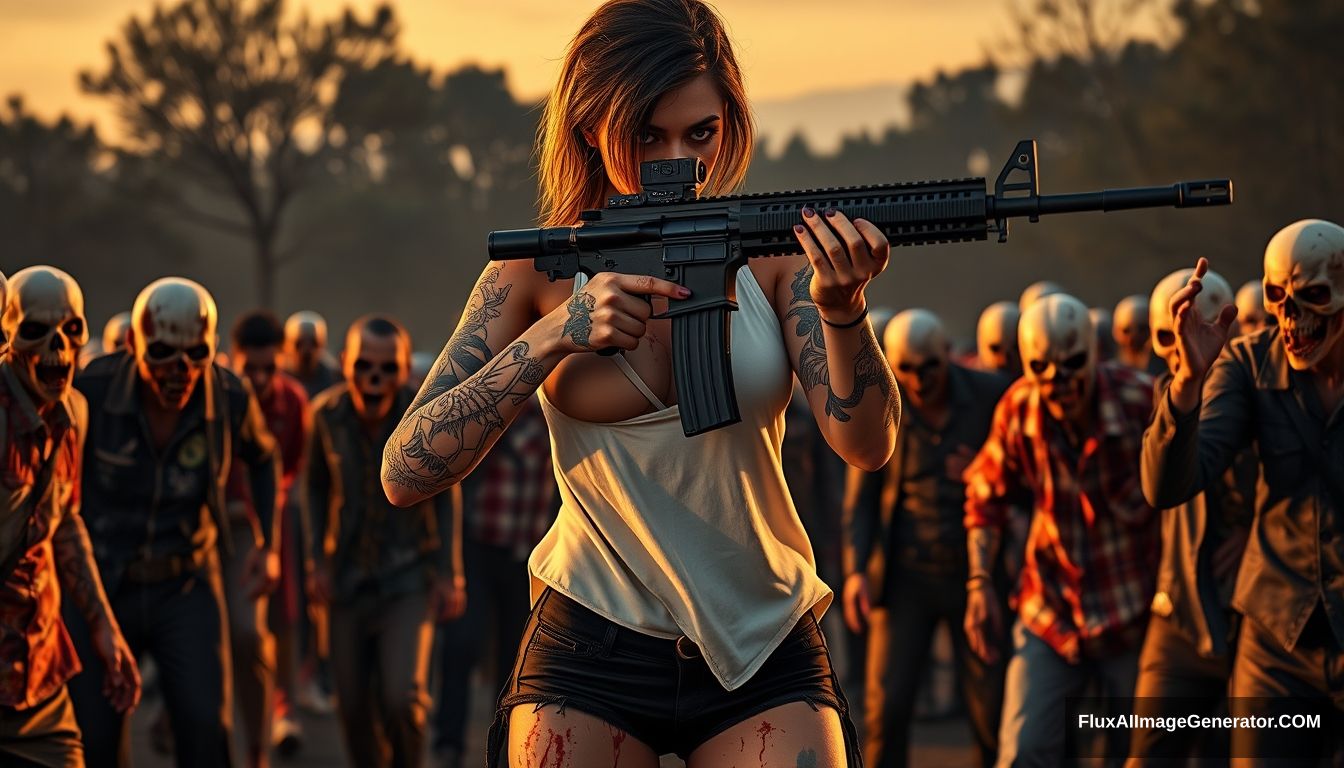 Portrait of a sexy woman in a white vest and black shorts, with numerous gypsy-style and skull-pattern tattoos on her arms. The skin on her arms is scratched, with splashes of blood on both arms and legs. She is holding an AR15 rifle with both hands, aiming, and surrounded by terrifying zombies in various clothing. The lighting is during the golden hour, featuring ray tracing and global illumination, in 4k resolution.