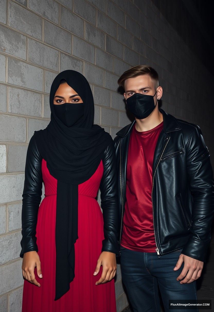 The largest black hijab girl, beautiful eyes, black face mask, black leather jacket, the longest red dress, not tall,

Jamie Dornan, handsome, black face mask, fit and tough body, red metal t-shirt, black leather jacket, jeans, tall man,

standing near a wall together,
hyper-realistic, photorealistic, street photography, Victoria's abandoned castle, gloomy, darkness.