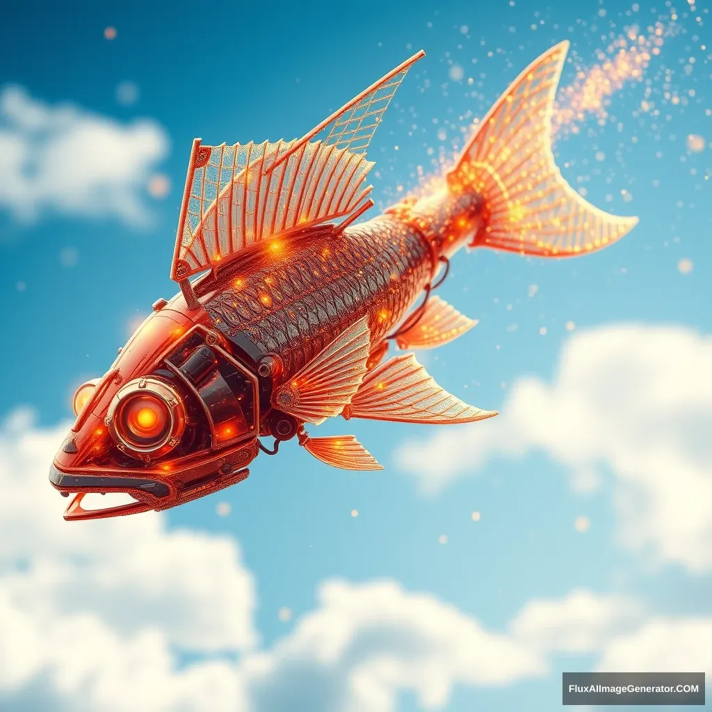 The mechanical fish flies in the sky, emitting a golden particle effect, super resolution, ultra high definition, and super exquisite detail. - Image