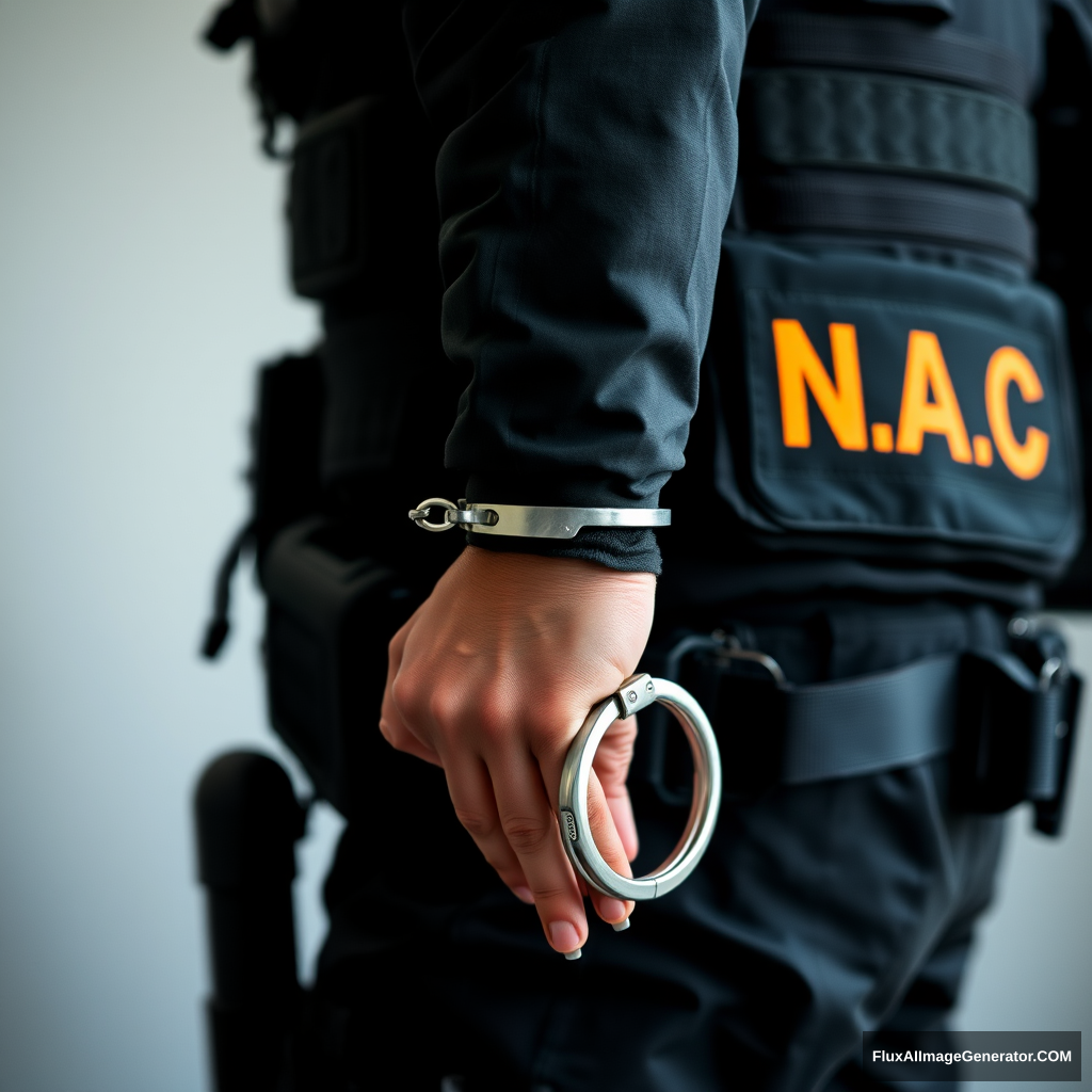 A soldier in black gear with a black and orange inscription N.A.C. on his vest is wearing handcuffs, a shot of his hands in handcuffs in front of him. - Image