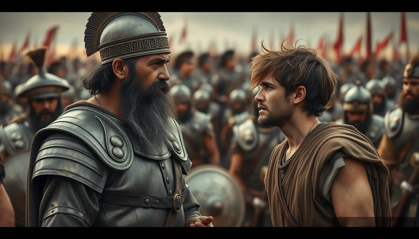 Create an image of two men arguing while onlookers crowd around. The man on the right is a young man with messy unkempt hair and a short beard and is wearing just a simple biblical-era shepherd’s tunic. The young man has a serious expression and is looking intently into the eyes of the man he is arguing with, gesturing with his right hand, palm facing skyward, as if he is explaining something to a middle-aged Mesopotamian king. The king has a black beard and is wearing a full suit of Bronze Age Mesopotamian armor with laminated strips of bronze and a conical helmet with a pointed tip. The background shows a blurred crowd of soldiers also wearing armor similar to the king. Standing on the horizon further in the background is a blurred front of a large biblical-era army. The overall mood of the image is one of anxiety and concern.