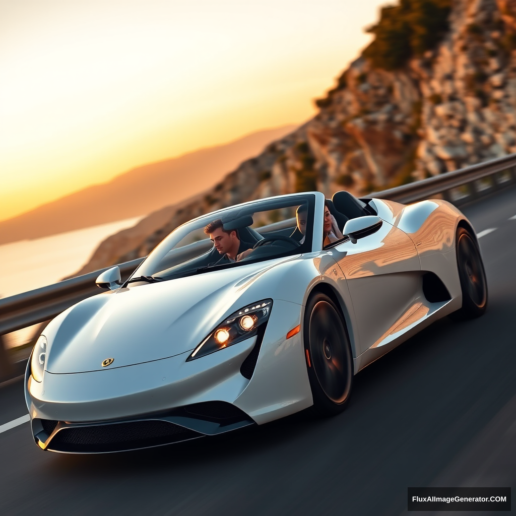 White realistic sports car, driving on the roads of Costa Smeralda, Sardinia. REALISTIC, the car has to look a bit like a falcon, especially the headlights. A guy driving with brown hair and a low drop fade haircut. Sunset.