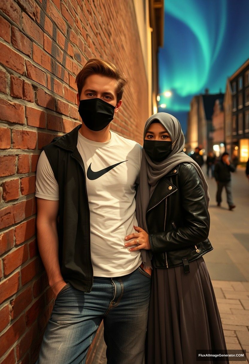 Jamie Dornan, tall and handsome, wearing a black face mask, a white Nike t-shirt, and jeans, is dating a beautiful Muslim girl in a grey hijab with striking eyes. She is wearing a black face mask, a leather jacket, and a very long, wide skirt, and she is not tall. They are lying against a brick wall in a town setting, captured in a photorealistic street photography style with selfie photos, set against a night scenery featuring the aurora. - Image