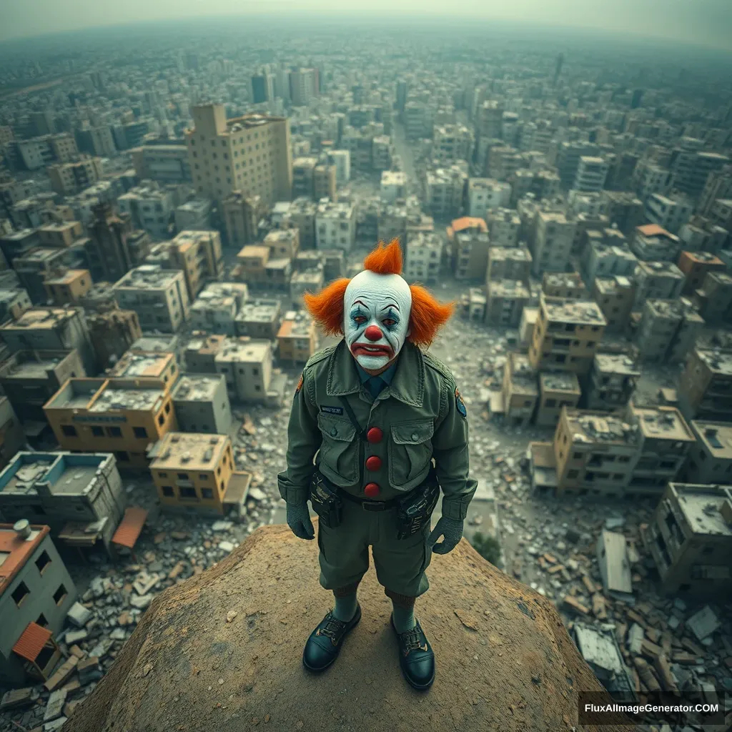 A small crying clown in an IDF uniform standing in the middle of a city in ruins. View from above and from some distance. Hyperreal. - Image