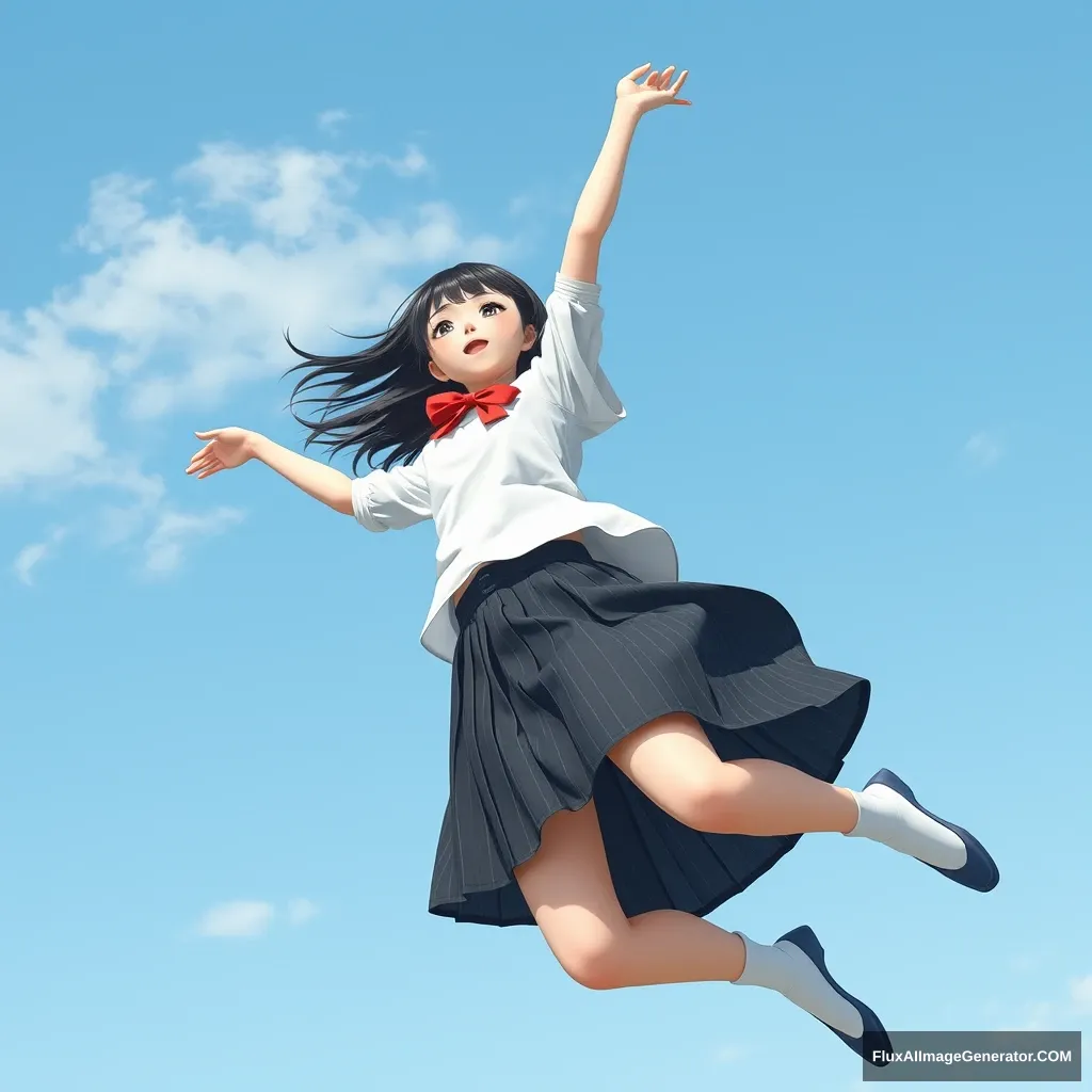 A Japanese female student wearing a skirt is flying in the sky.