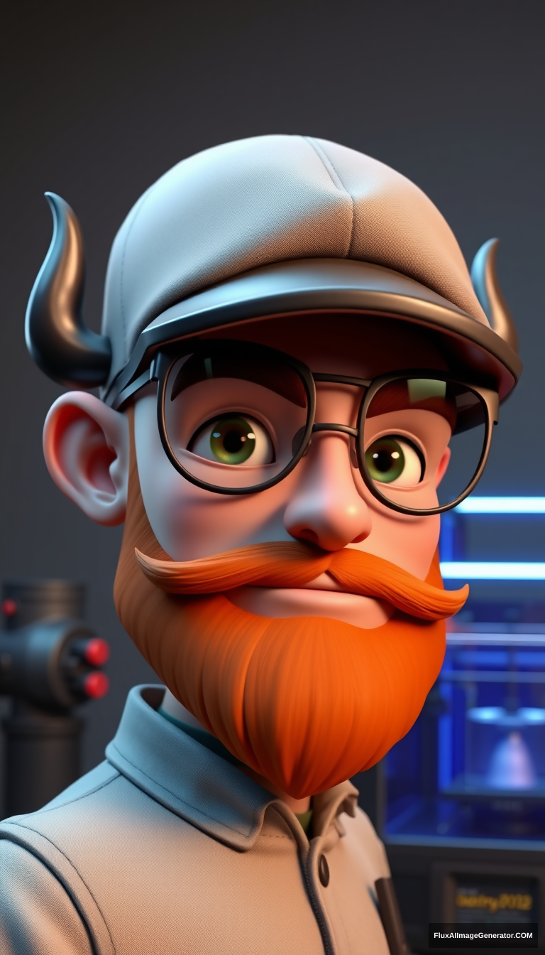 3D render of a bald cartoon human male with a weathered flat cap and reflective aviator glasses. Glossy obsidian horns sprout from his head, contrasting with a meticulously trimmed fiery ginger beard. Dark, arched eyebrows frame his expressive eyes. He stands confidently beside a futuristic 3D printer, emanating an aura of technological mastery and demonic mischief. - Image