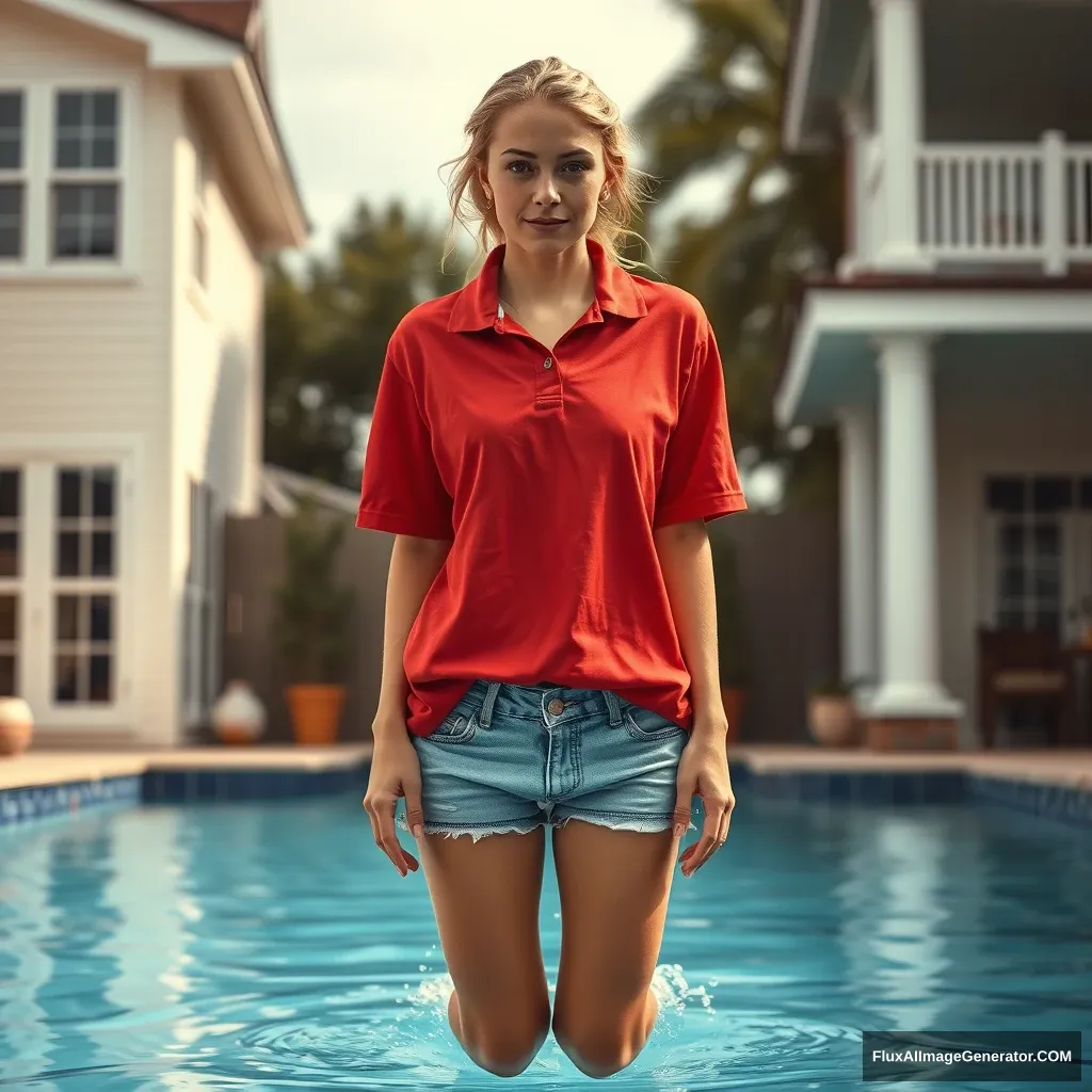 Front view of a young blonde skinny woman who has a good tan is in her early twenties is in her massive backyard wearing a massively oversized red polo t-shirt which is a bit off balance on one of the shoulders and the bottom part of her t-shirt isn't tucked in and she is also wearing M sized light blue denim shorts and she is wearing no shoes or socks, she jumps into the pool head first. - Image