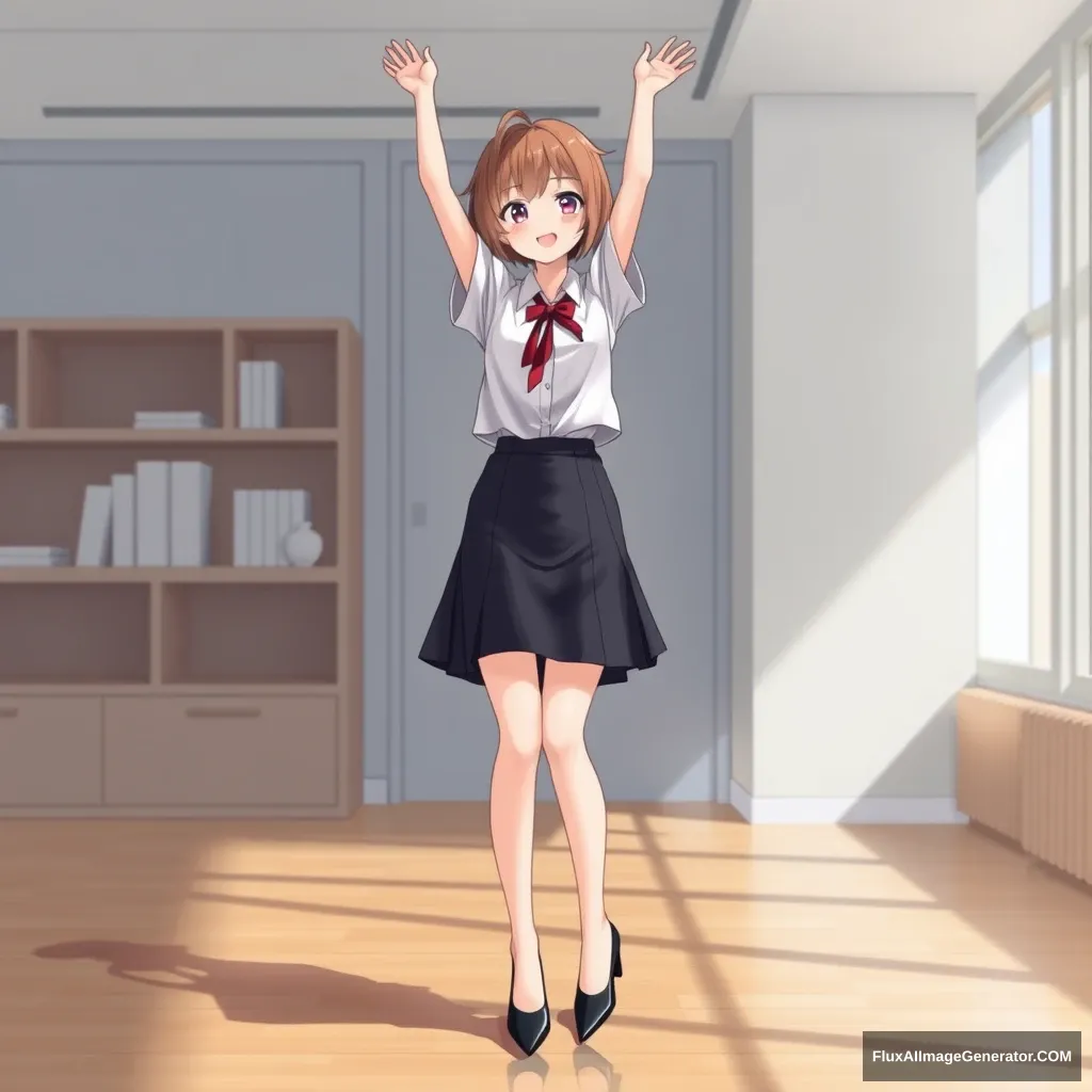 1 girl, short hair, indoors, raising arms, high heels, office skirt, realistic