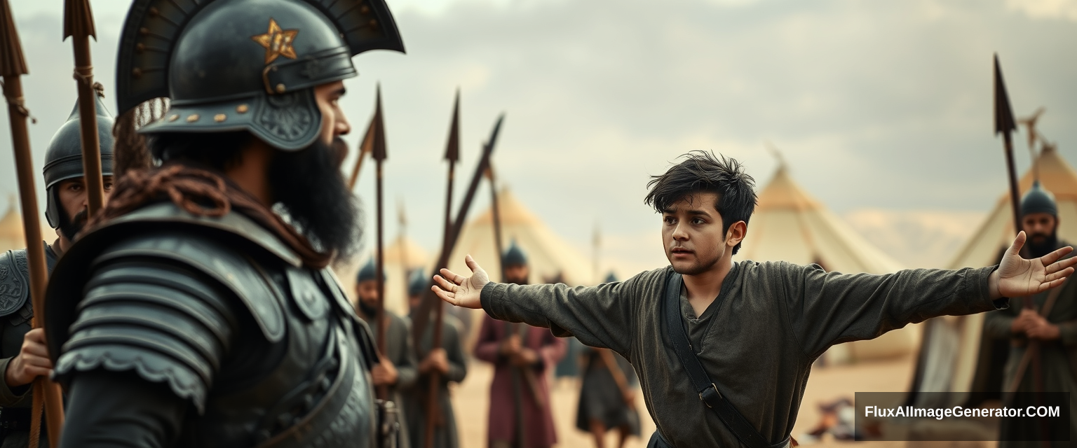 Create an image of two men standing apart and facing off, with a group of four soldiers holding spears gathered closely behind the man on the left. The man on the right is young, with his arms stretched out to the sides, looking shocked, and has dark, messy, unkempt hair and a beard. He is dressed in a simple biblical-era shepherd tunic and is looking sternly at the eye of the man on the left. The other man appears middle-aged, has a Jewish black beard, and is wearing a full suit of biblical-era leather armor and a conical helmet with a pointed tip. The overall mood of the image is one of anxiety and concern. The background shows a blurred ancient biblical Jewish army camp with desert Arabic tents. The overall atmosphere is intense and cinematic. - Image