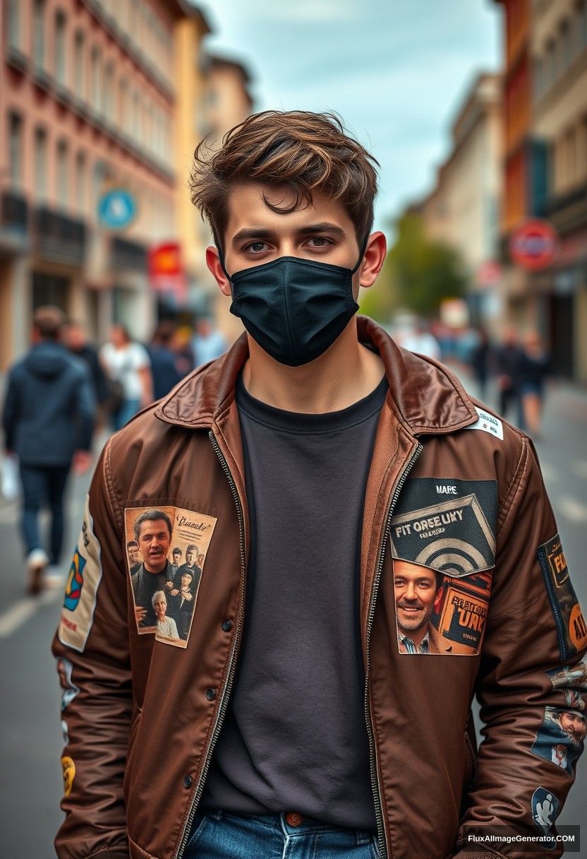 Jamie Dornan, young, black face mask, collage jacket, jeans, hyper realistic, street photography.