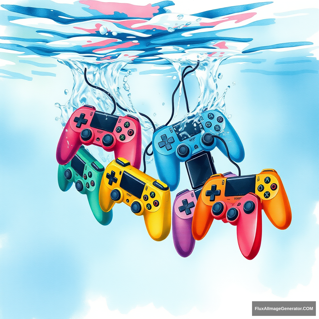 watercolor art piece, multiple colorful game controllers cascading into crystal-clear water, visually depicting the sensation of drowning, expressive ripples and splashes, dynamic movement, subtle blending of hues, illustration, neon sign. - Image