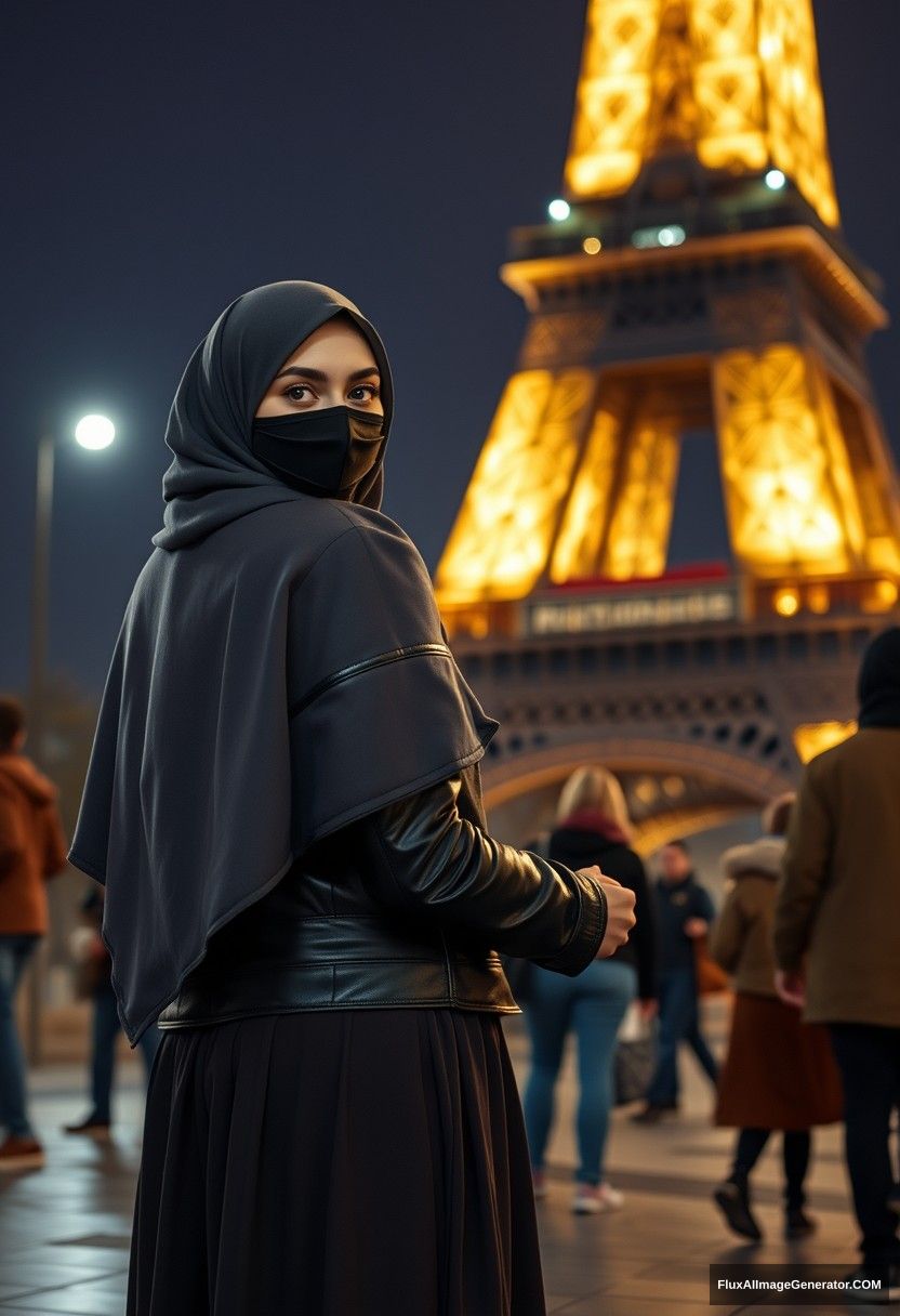 Biggest grey hijab Muslim girl, beautiful eyes, face mask black, leather jacket, biggest longest skirt, standing near Eiffel Tower, night scenery, strangers back, hyper realistic, photorealistic, street photography, holding her boyfriend's hand from opposite.