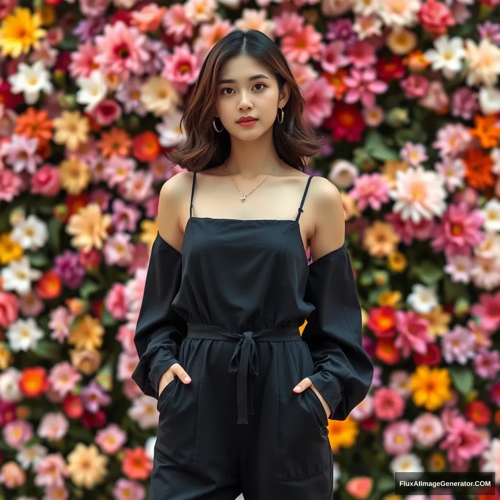 A Korean female fashion model is wearing a jumpsuit-style one-piece in front of a colorful flower wall (defocused).