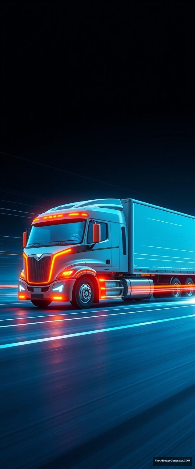 The truck has simple and dynamic lines, driving high-tech trucks, speed lines, glow, the overall picture is bright and clean, full of future sense, science and technology, blue atmosphere, side view, the truck shows the entire body. - Image