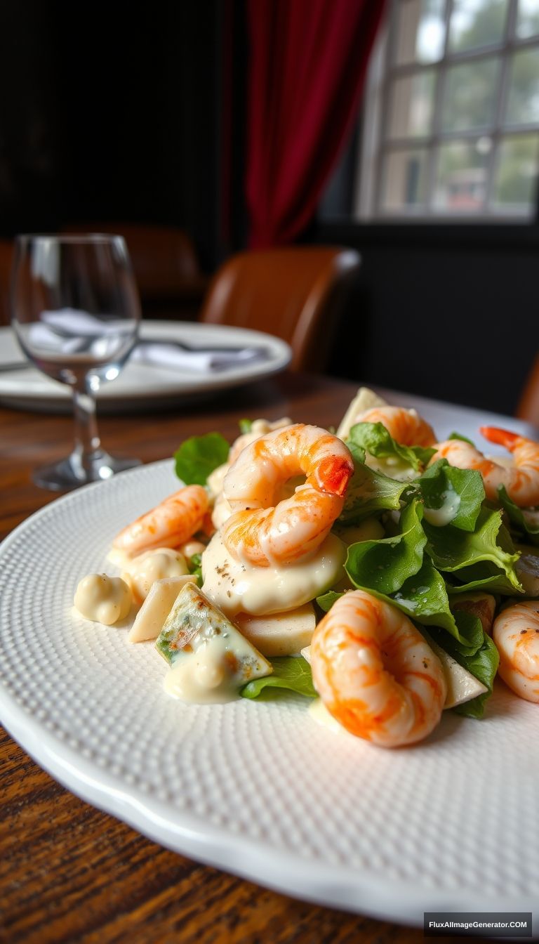 Highly detailed and sharp image of a creamy shrimp and cheese salad with Parmesan cheese dressing, plated on a white textured plate. The plate is resting on a wooden table, with the scene slightly zoomed out to reveal more of the surrounding space. The background includes dark areas with a hint of red drapes, providing a contrast that enhances the vibrant colors of the dish. The overall atmosphere is elegant and appetizing, capturing the intricate details of the salad and the dining setting.