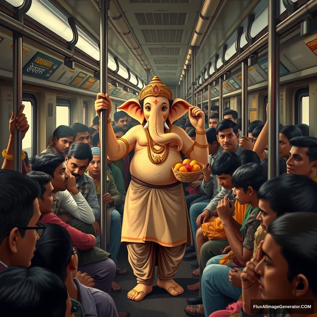 Create an image of Lord Ganesha, depicted as a real human god, traveling in a packed Mumbai local train during the peak rush hour. The train is crowded, with every inch of space filled by daily commuters, all jostling for room. Ganesha, standing calmly amidst the crowd, blends in with the other passengers, dressed in a simple yet traditional kurta-pajama with a touch of divine aura.

The scene should capture the essence of Mumbai's local trains: the hustle and bustle, the energy, and the diversity of people—office workers, students, and vendors—all squeezed together, holding onto the overhead handles or leaning against the doors. Despite the cramped space, there’s a sense of excitement in the air as a few passengers recognize Ganesha. Their expressions range from surprise to joy, with some whispering among themselves and others offering a silent prayer.

Ganesha holds onto a pole with one hand, while in the other, he carries a small basket filled with festival offerings like modaks and flowers, symbolizing his journey to celebrate the festival with his devotees. The vibrant colors, the chaotic yet familiar environment, and the mix of light and shadow through the train windows should be depicted in high detail, capturing the unique blend of the divine traveling in the mundane, everyday life of Mumbai.