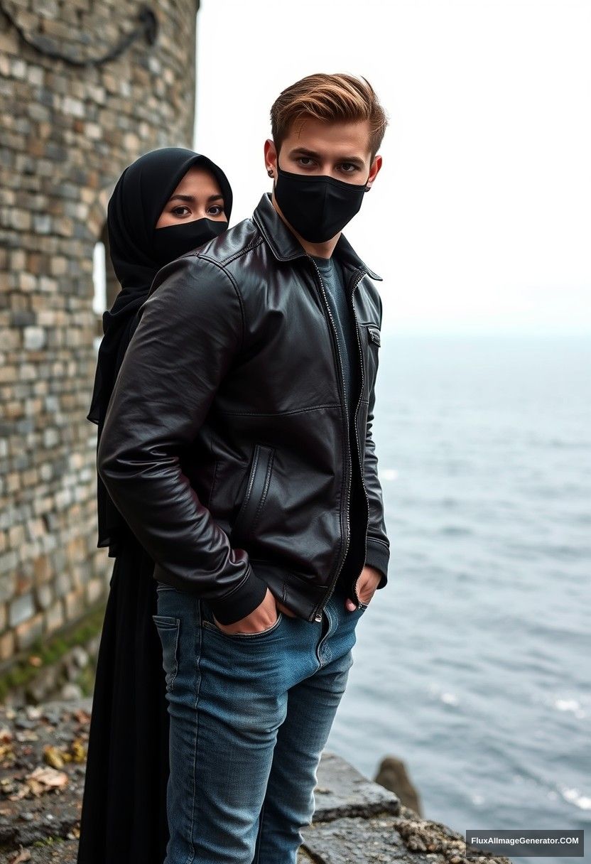 Jamie Dornan's head and body shot, handsome, youngest, face mask black, black leather jacket, jeans, dating, love with the biggest black hijab Muslim girl, not tall, beautiful eyes, face mask, maroon leather jacket, biggest black skirt, leaning on his shoulder, hyper-realistic, studio photography, full body photo, exploring at an abandoned castle, at sea, gloomy scenery. - Image