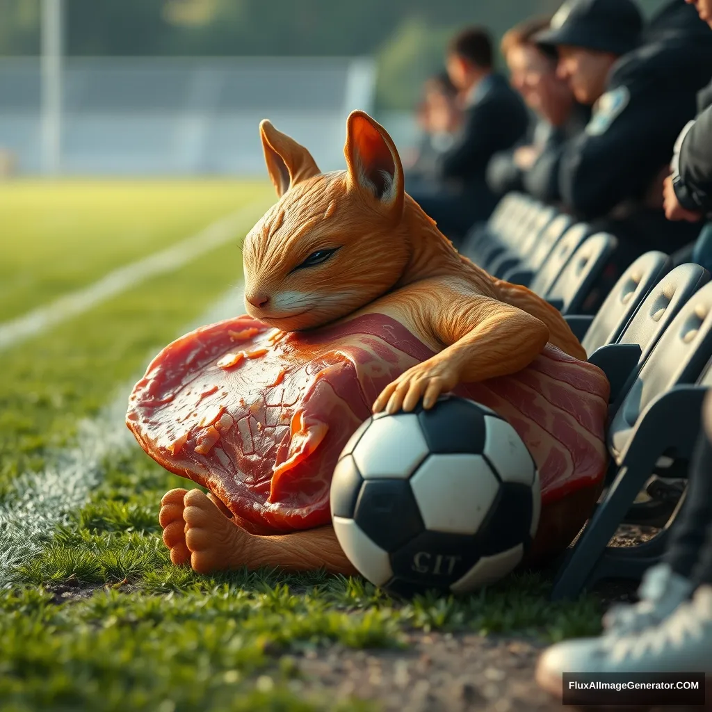 An anthropomorphic piece of pancetta resting on the sidelines after playing soccer. - Image