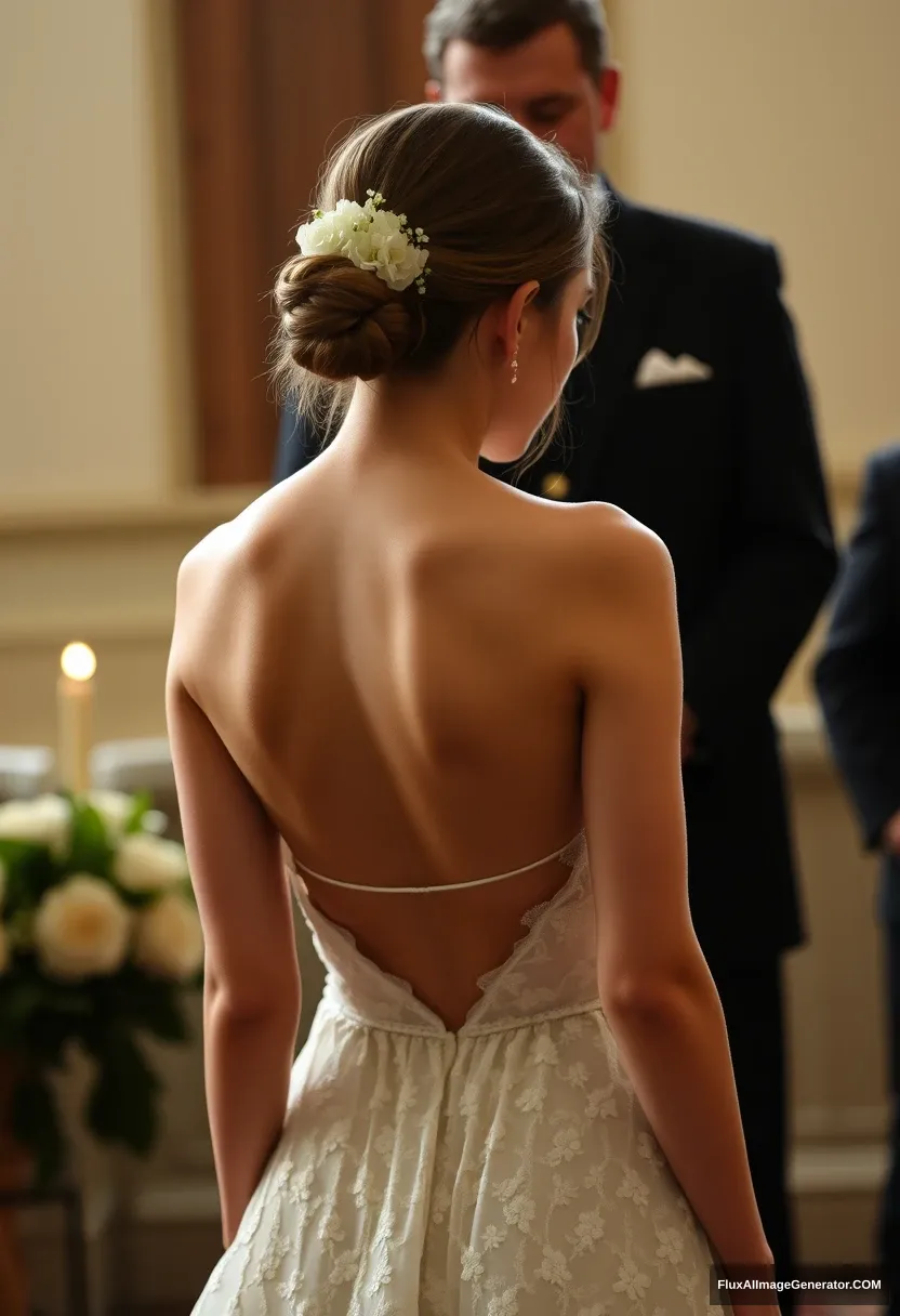 A young woman, sensitive, delicate, ashamed, wearing a backless strapless small-waisted wedding dress, in front of patriarchy. - Image