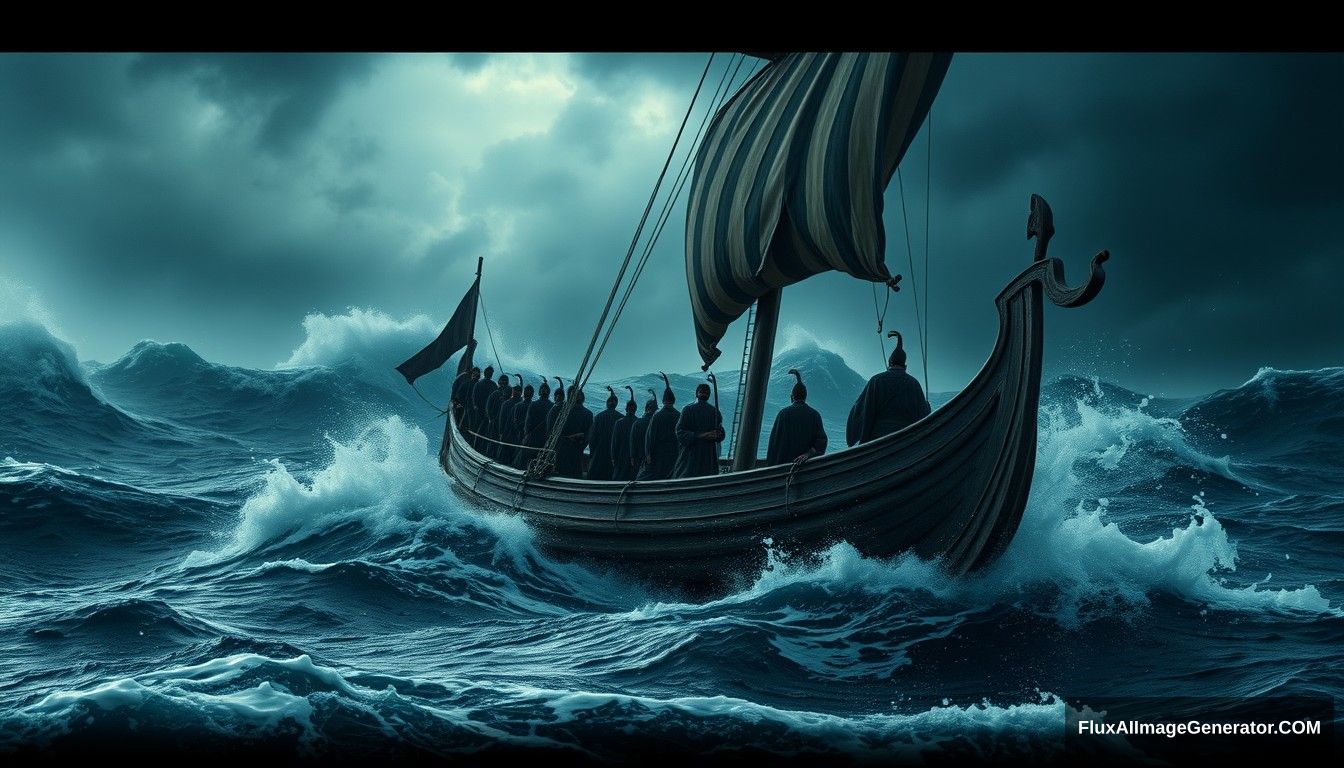 An ancient wooden ship carrying thirty men from the Lakhm and Judzam tribes struggles through a violent storm at sea, with huge waves crashing over the deck and dark, stormy skies. Ultra HD, realistic, dramatic, and cinematic lighting. - Image