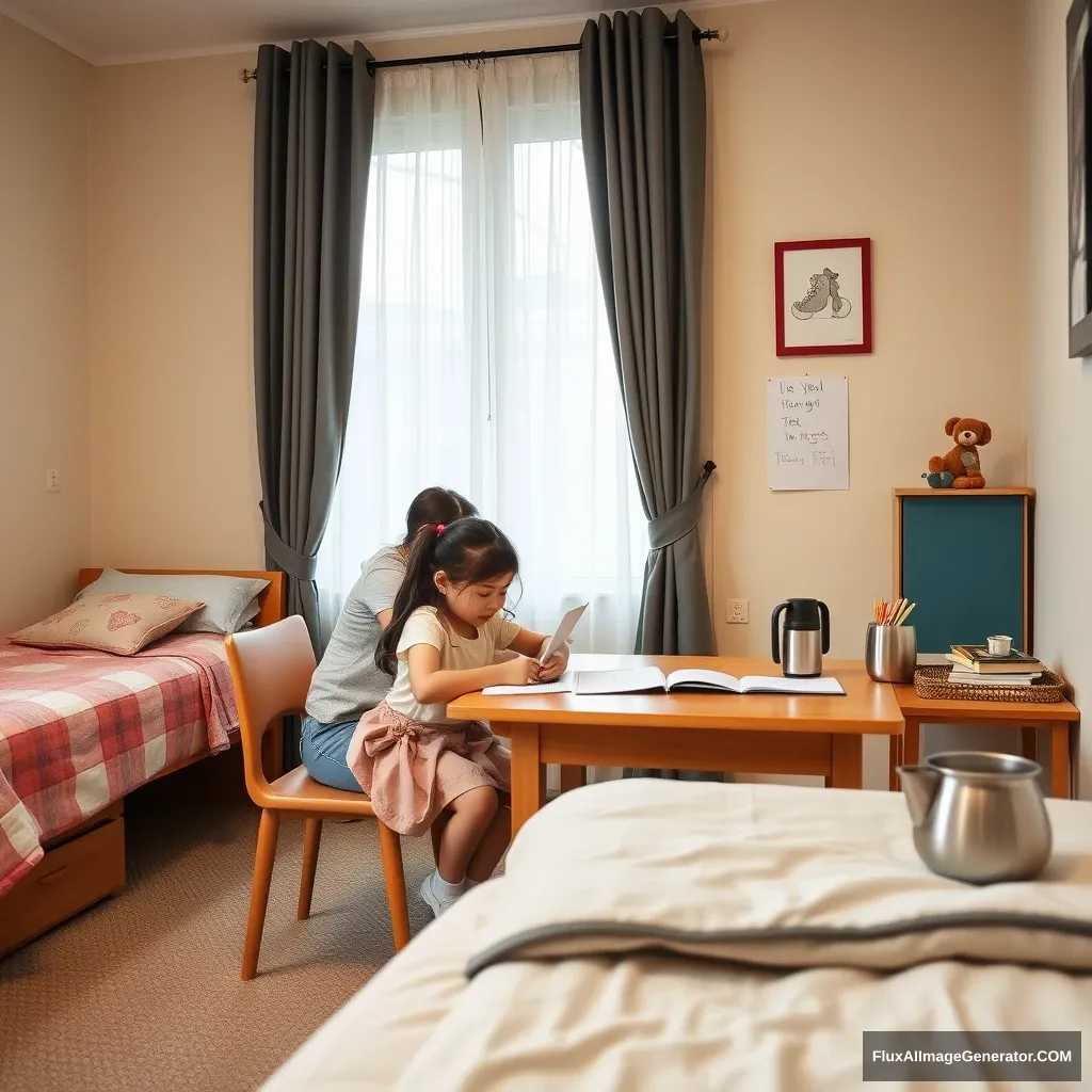 In the room, there is a bed, a table and chairs, and a female tutor helping the little girl with her homework, along with a thermos and a teapot. - Image