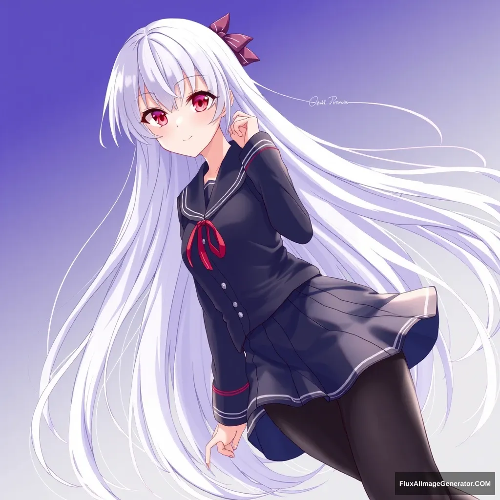 'Female high school student, long hair, uniform, white hair, red eyes, dancing.' - Image