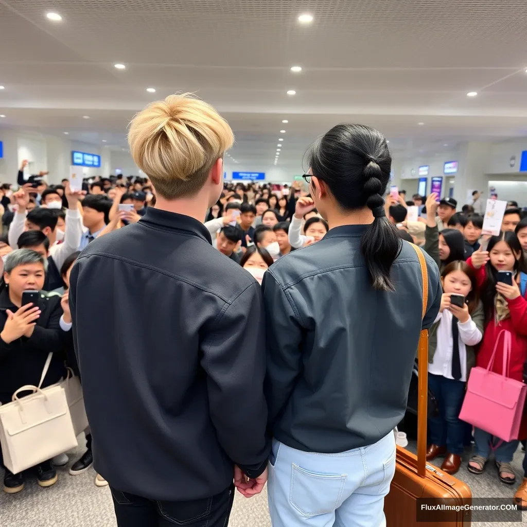 Curled, blonde ear-length hair man and a man with low pony-tailed ebony hair holding each other's hand in front of a huge amount of fans at the airport, showing their backs, both are in K-pop idol style, the blonde man is taller. - Image