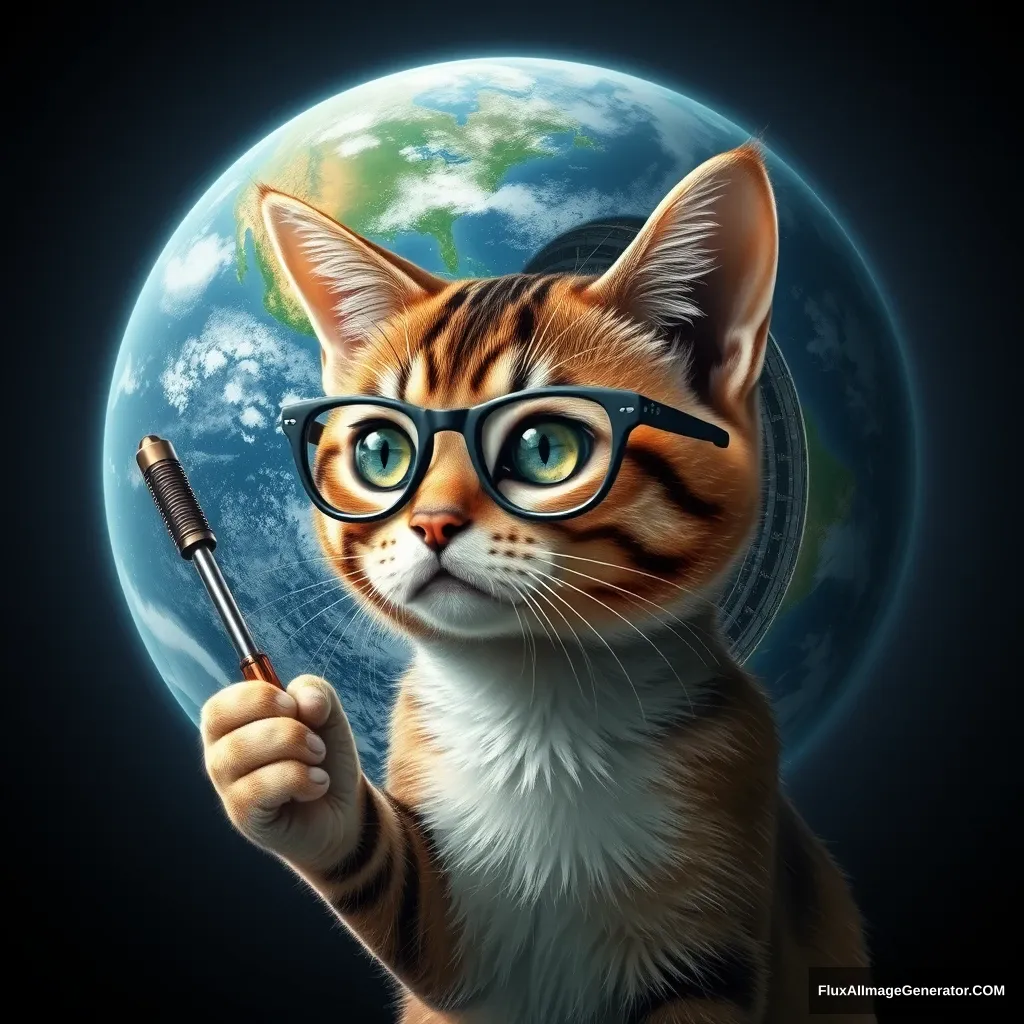 Realistic style, a tabby cat wearing glasses holding a screwdriver, in front of an Earth-like planet with detailed oceans and continents, the cat is looking at a section of the planet that is opened like a car hood, revealing a complex structure of gears and circuits inside.