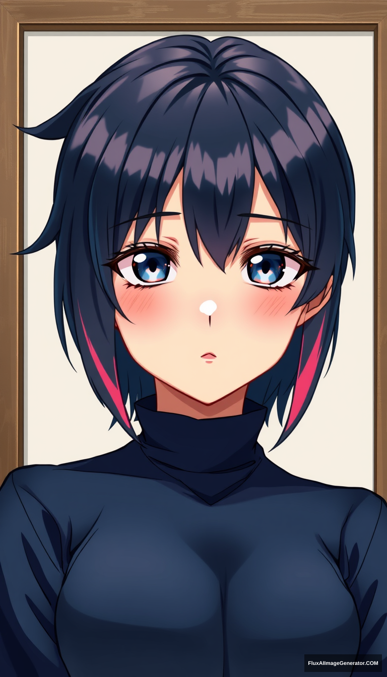 A teenage girl has captivated many with her striking appearance. Wearing a dark blue color with vibrant highlights, the anime style is important. It is a chest-up drawing with a framed background. - Image