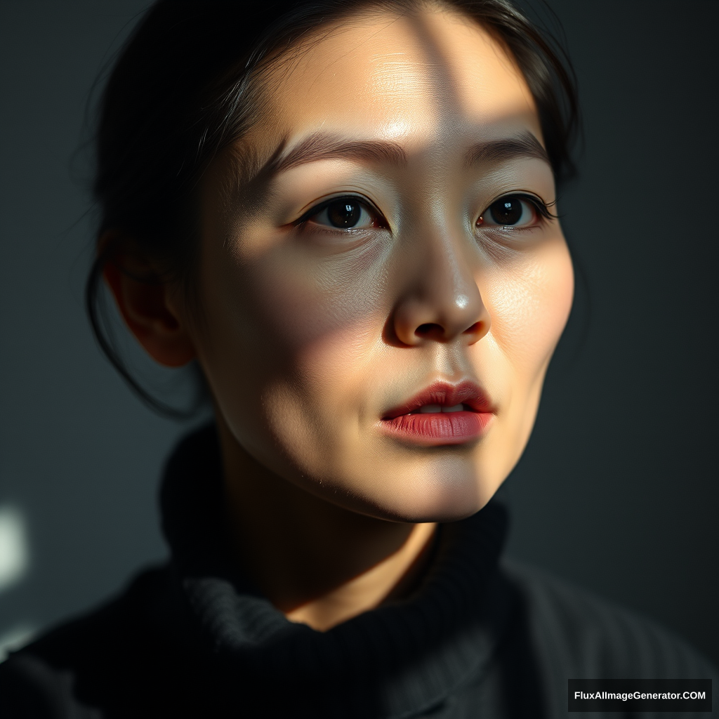 Shot with a Zeiss Otus 55mm f/1.4 Lens, photograph a Chinese woman in a modern abstract style, blending figurative with abstract elements. Use high-top angle lighting to create deep shadows, contrasting with a spectrum of greys. Take a close-up shot, abstracting certain features of the woman, while maintaining a clean and simple background.